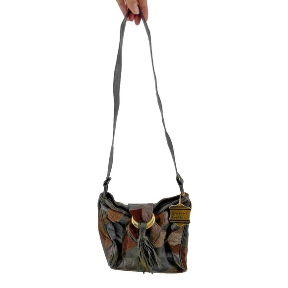 Vtg 80s Suede Leather Patchwork Multicolor Boho Retro Crossbody Dark Fall Purse - Picture 1 of 13